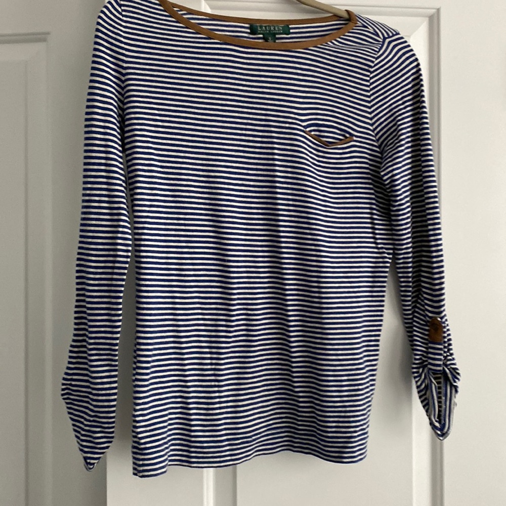 Striped long sleeve with with suede like fabric at neck pocket and sleeves